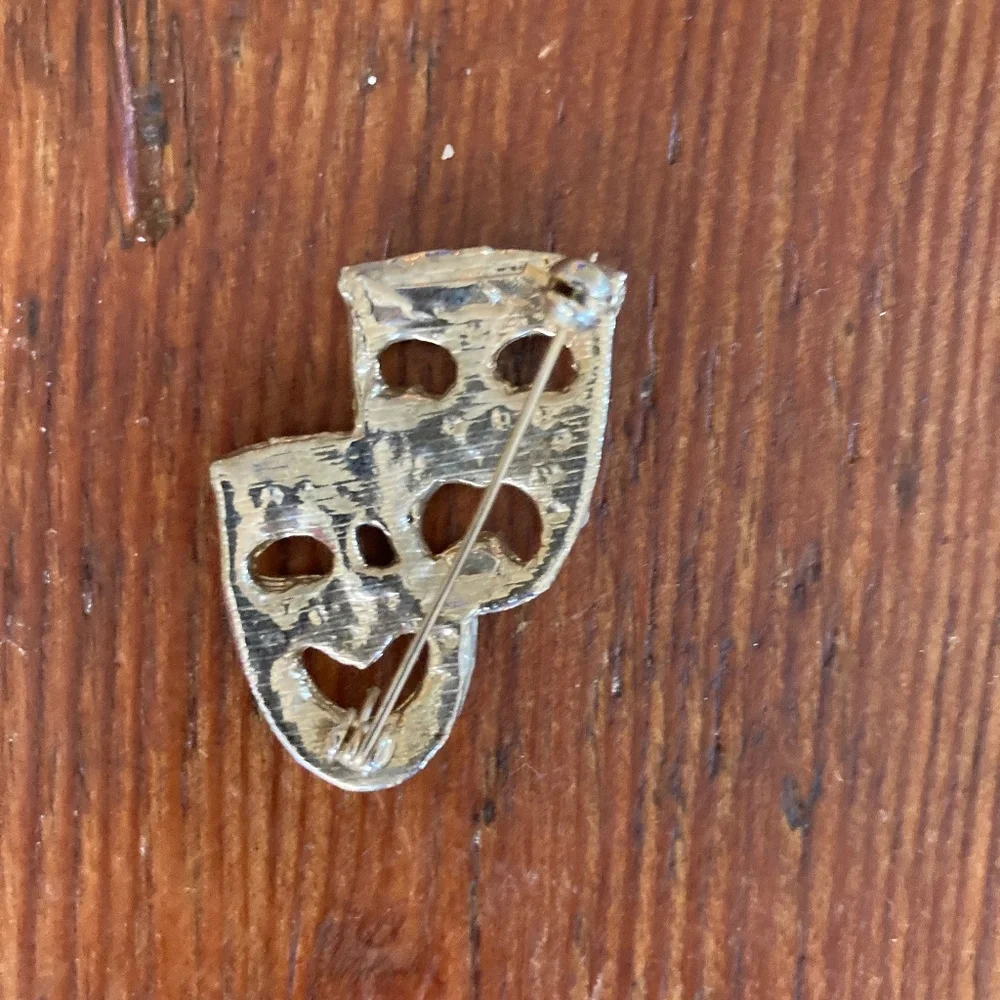 1980's Comedy and Tragedy Masks Pin Brooch with Rhinestones and Goldtone